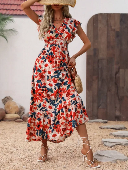 Floral summer wrap dress with ruffle sleeves and strappy sandals