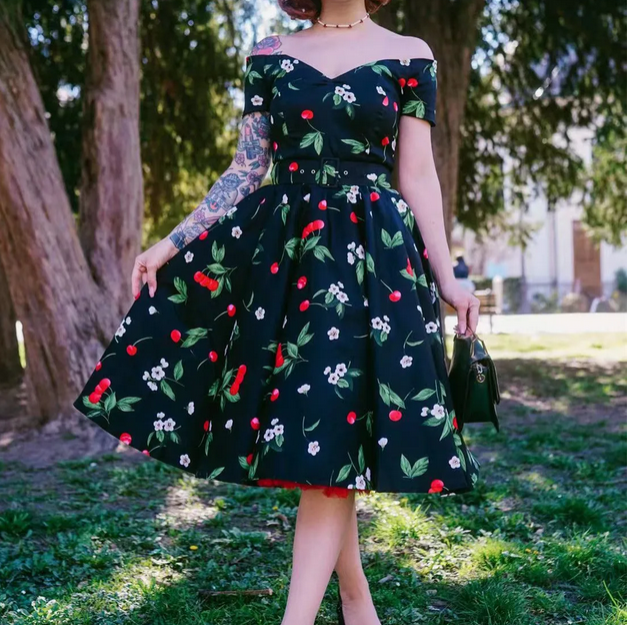 Black floral Pin-up dress with cherry and off-shoulder neckline